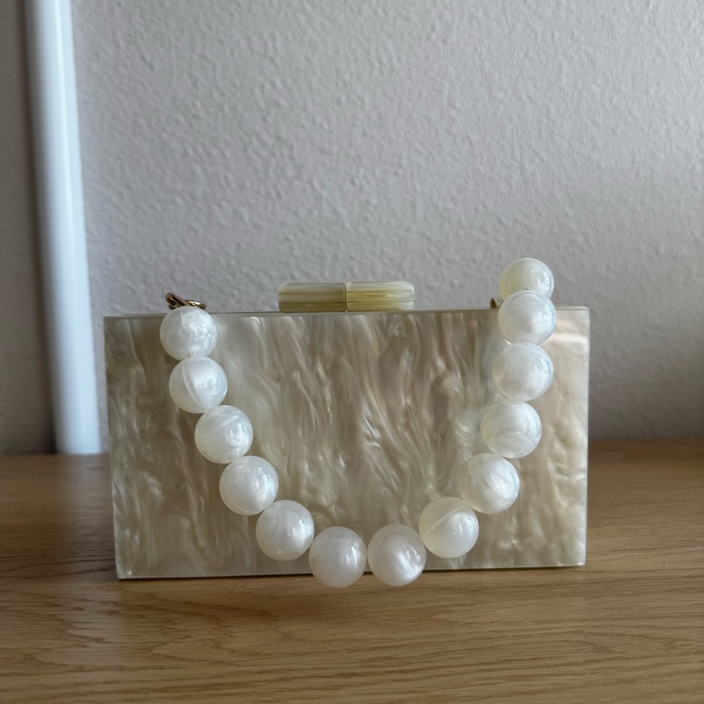Elegant Pearl-Like Clutch with Beaded Handle